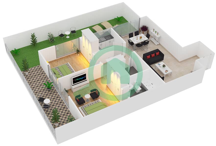المخططات الطابقية لتصميم النموذج F09 شقة 2 غرفة نوم - جليتز interactive3D