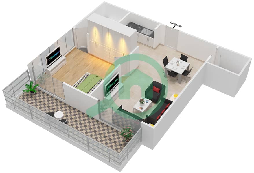 المخططات الطابقية لتصميم النموذج F04 شقة 1 غرفة نوم - جليتز 2 interactive3D