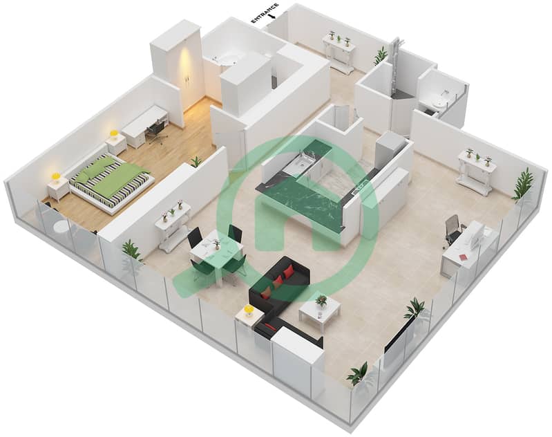 中央公园住宅楼 - 1 卧室公寓类型A戶型图 interactive3D