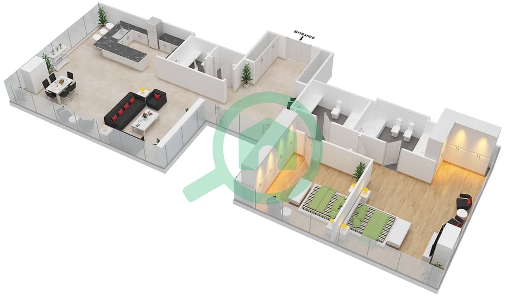 المخططات الطابقية لتصميم النموذج C شقة 2 غرفة نوم - برج سنترال بارك السكني Floor 34 interactive3D