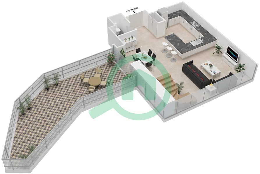 المخططات الطابقية لتصميم النموذج F FLOOR 27, 30, 23, 34 شقة 3 غرف نوم - برج سنترال بارك السكني Lower Floor interactive3D
