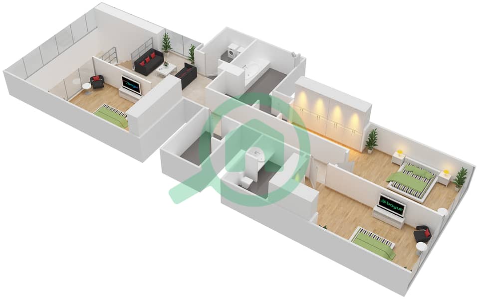 المخططات الطابقية لتصميم النموذج F FLOOR 27, 30, 23, 34 شقة 3 غرف نوم - برج سنترال بارك السكني Upper Floor interactive3D