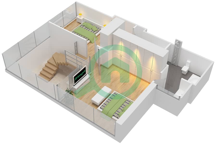 المخططات الطابقية لتصميم النموذج E شقة 2 غرفة نوم - برج سنترال بارك السكني Upper Floor interactive3D