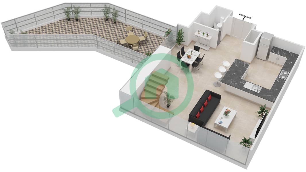 المخططات الطابقية لتصميم النموذج F شقة 2 غرفة نوم - برج سنترال بارك السكني Lower Floor interactive3D