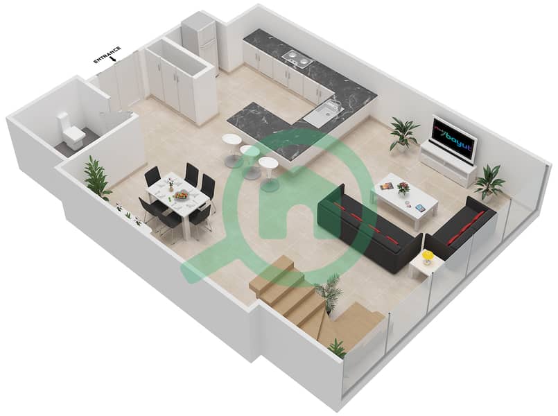 المخططات الطابقية لتصميم النموذج B شقة 3 غرف نوم - برج سنترال بارك السكني Lower Floor interactive3D
