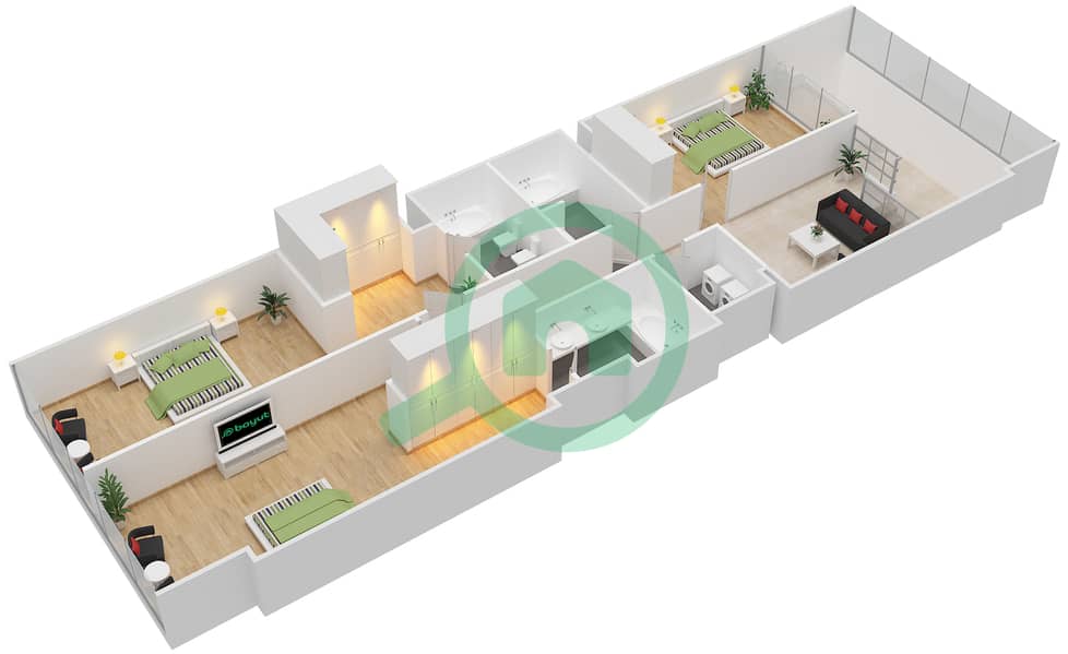 中央公园住宅楼 - 3 卧室公寓类型B戶型图 Upper Floor interactive3D