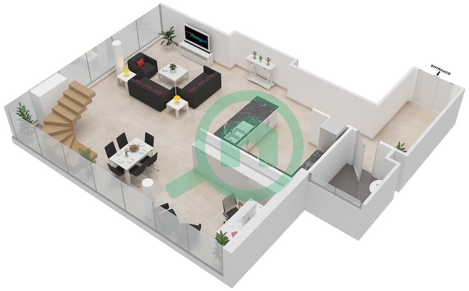 المخططات الطابقية لتصميم النموذج B2 شقة 3 غرف نوم - برج سنترال بارك السكني Lower Floor interactive3D