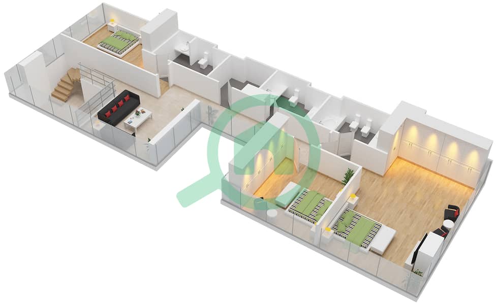 المخططات الطابقية لتصميم النموذج B2 شقة 3 غرف نوم - برج سنترال بارك السكني Upper Floor interactive3D