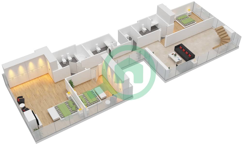 المخططات الطابقية لتصميم النموذج D شقة 3 غرف نوم - برج سنترال بارك السكني Lower Floor interactive3D