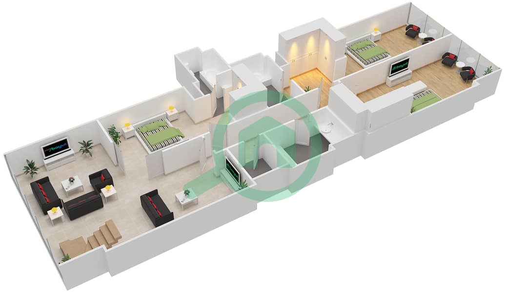 المخططات الطابقية لتصميم النموذج E شقة 3 غرف نوم - برج سنترال بارك السكني Lower Floor interactive3D