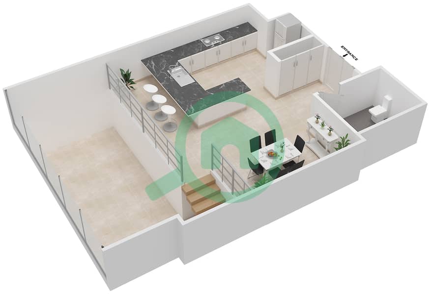 المخططات الطابقية لتصميم النموذج E شقة 3 غرف نوم - برج سنترال بارك السكني Upper Floor interactive3D