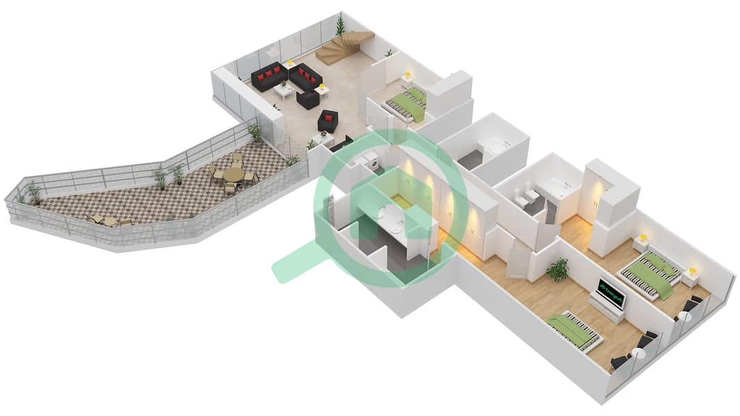 المخططات الطابقية لتصميم النموذج F FLOOR 37, 40, 43 شقة 3 غرف نوم - برج سنترال بارك السكني Lower Floor interactive3D