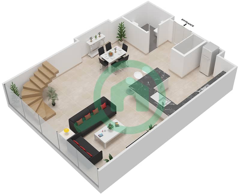 中央公园住宅楼 - 2 卧室公寓类型B戶型图 Lower Floor interactive3D