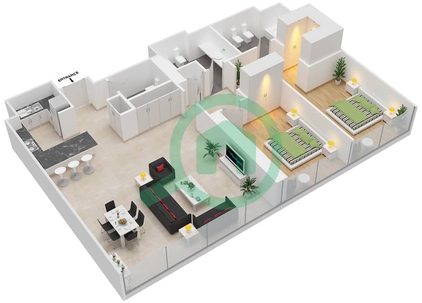 المخططات الطابقية لتصميم النموذج B FLOOR 34 شقة 2 غرفة نوم - برج سنترال بارك السكني Floor 34 interactive3D