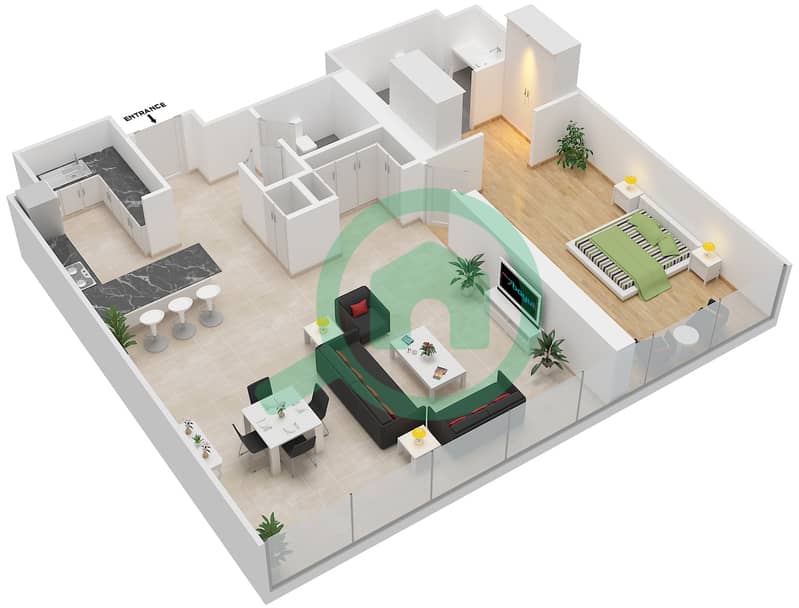 المخططات الطابقية لتصميم النموذج B شقة 1 غرفة نوم - برج سنترال بارك السكني interactive3D