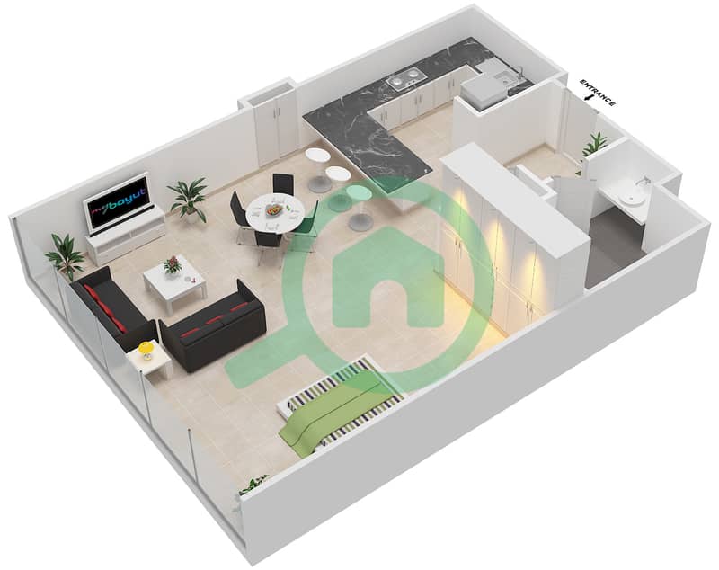 المخططات الطابقية لتصميم النموذج A شقة استوديو - برج سنترال بارك السكني interactive3D
