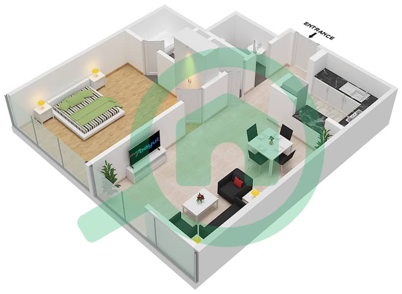 المخططات الطابقية لتصميم الوحدة 6-FLOOR 15 شقة 1 غرفة نوم - شقق لا ريفييرا Floor 15 interactive3D