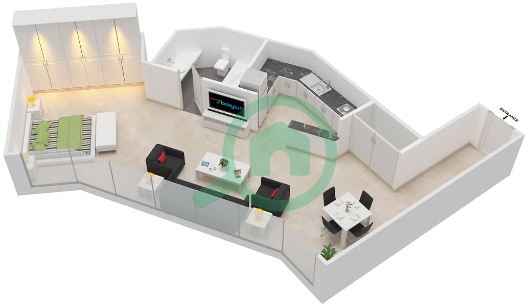 المخططات الطابقية لتصميم النموذج C شقة استوديو - برج سنترال بارك السكني interactive3D