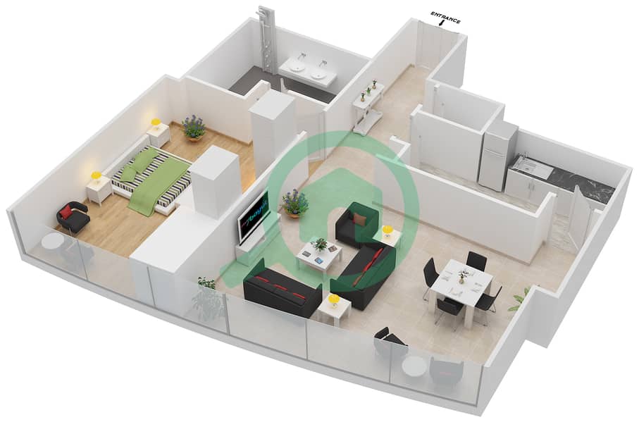المخططات الطابقية لتصميم النموذج T2-1B شقة 1 غرفة نوم - أبراج الإتحاد interactive3D