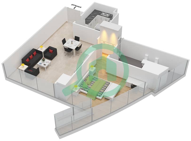 المخططات الطابقية لتصميم النموذج T2-1C شقة 1 غرفة نوم - أبراج الإتحاد interactive3D