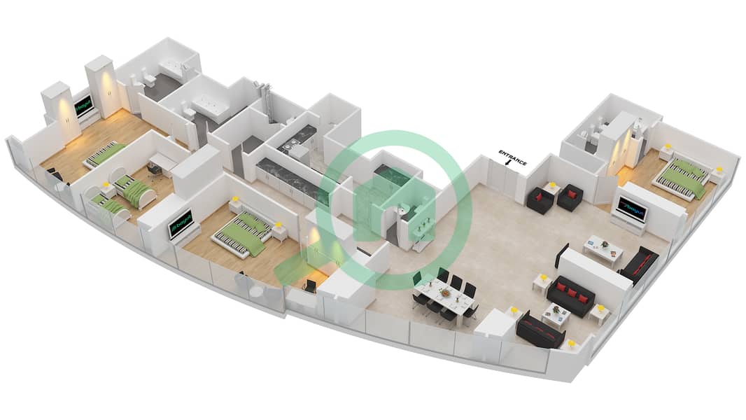 المخططات الطابقية لتصميم النموذج T2-4B شقة 4 غرف نوم - أبراج الإتحاد interactive3D