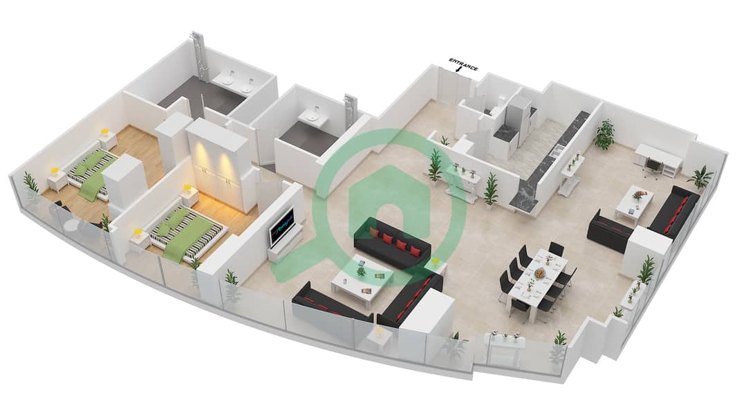 المخططات الطابقية لتصميم النموذج T4-2C شقة 2 غرفة نوم - أبراج الإتحاد interactive3D