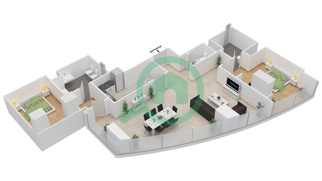 Этихад Тауэрс - Апартамент 2 Cпальни планировка Тип T4-2D interactive3D
