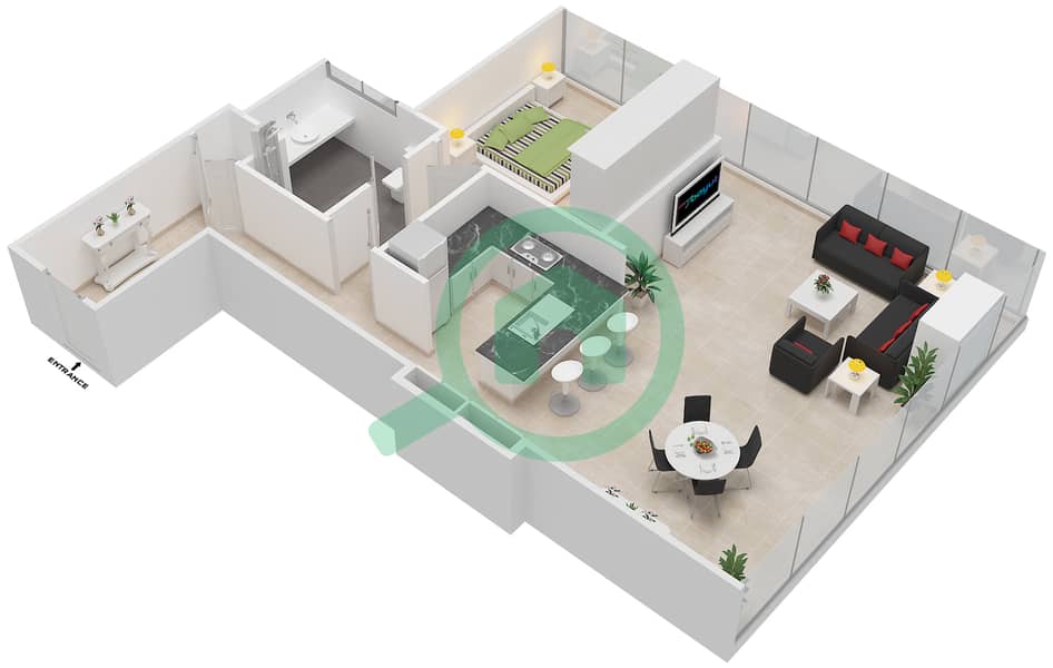 中央公园住宅楼 - 单身公寓类型B戶型图 interactive3D