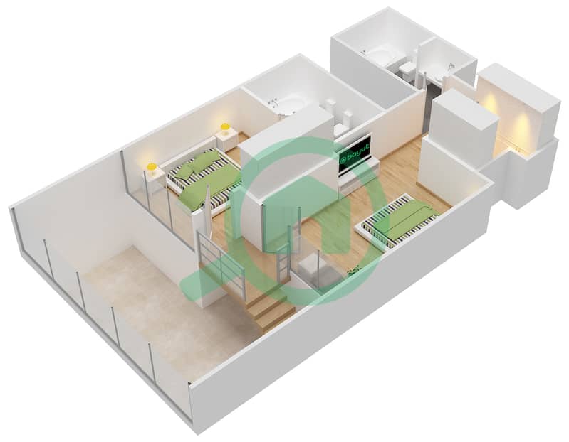 المخططات الطابقية لتصميم النموذج C  LOWER FLOOR شقة 2 غرفة نوم - برج سنترال بارك السكني Upper Floor interactive3D