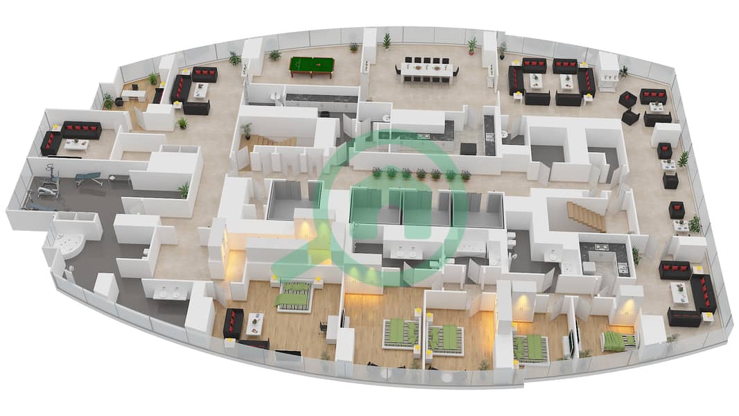 المخططات الطابقية لتصميم النموذج T2-SPHA بنتهاوس 5 غرف نوم - أبراج الإتحاد interactive3D