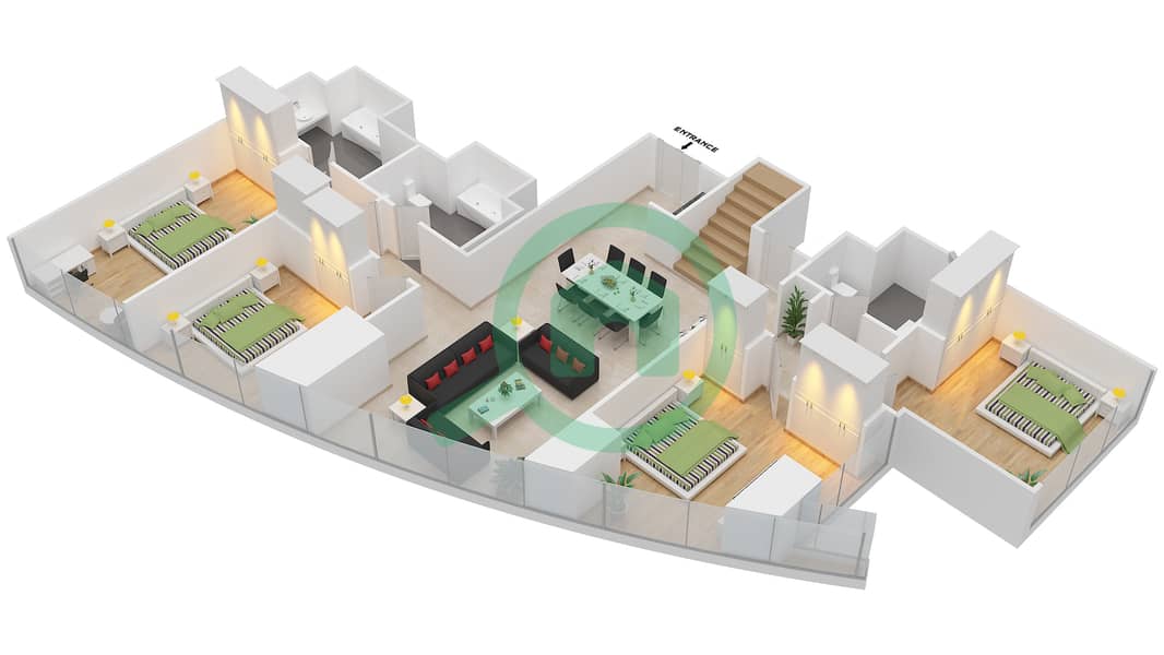 المخططات الطابقية لتصميم النموذج T2-PHA بنتهاوس 5 غرف نوم - أبراج الإتحاد Floor 72 interactive3D