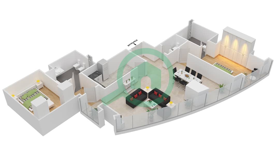 المخططات الطابقية لتصميم النموذج T5-2A شقة 2 غرفة نوم - أبراج الإتحاد interactive3D