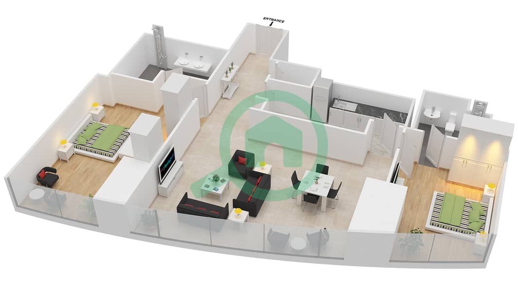 المخططات الطابقية لتصميم النموذج T2-2A شقة 2 غرفة نوم - أبراج الإتحاد interactive3D