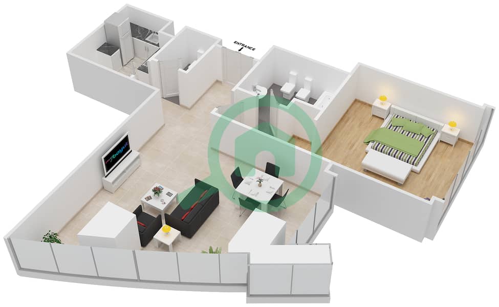 المخططات الطابقية لتصميم النموذج T2-1A شقة 1 غرفة نوم - أبراج الإتحاد interactive3D