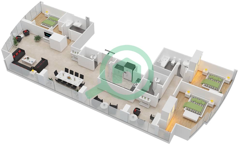 Этихад Тауэрс - Апартамент 3 Cпальни планировка Тип T5-3F interactive3D