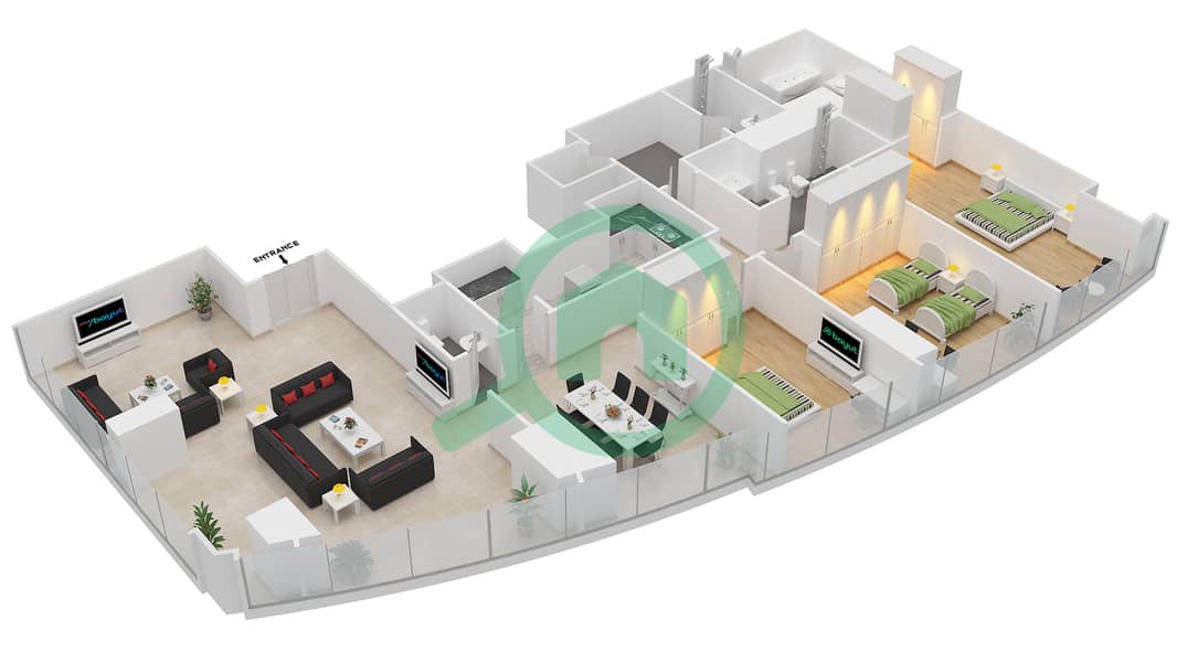 Этихад Тауэрс - Апартамент 3 Cпальни планировка Тип T2-3F interactive3D
