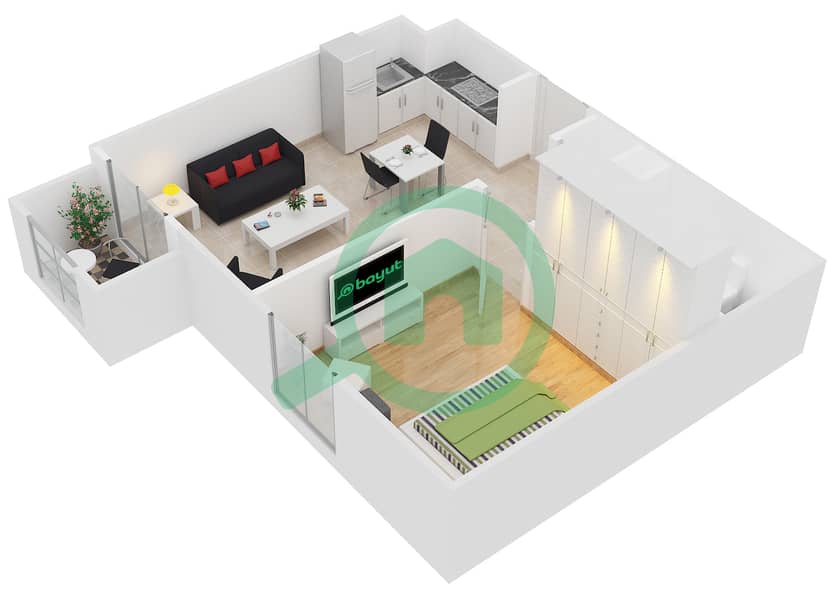 Zahra Apartments - 1 Bedroom Apartment Type 1B-1 Floor plan Units 319,419,519,617,717 interactive3D