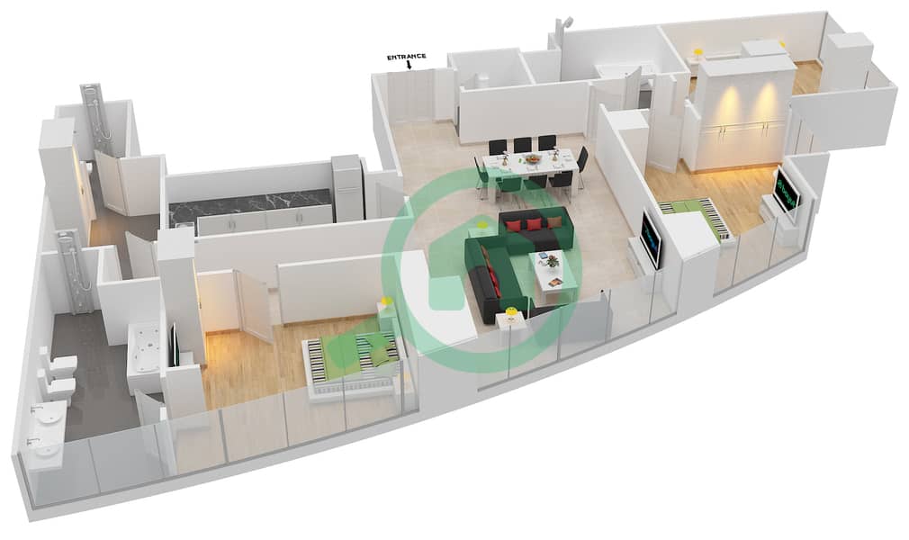 المخططات الطابقية لتصميم النموذج T2-3E شقة 3 غرف نوم - أبراج الإتحاد interactive3D