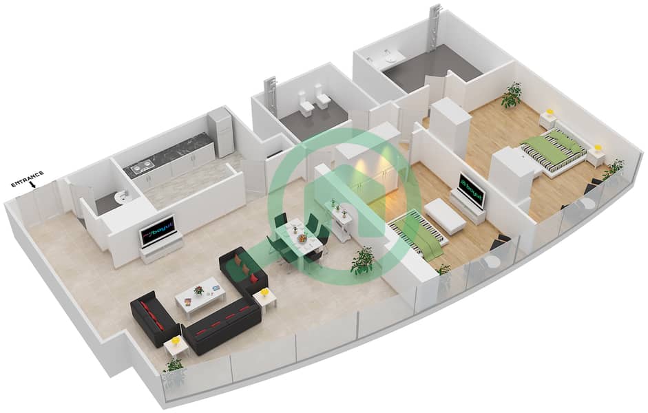 المخططات الطابقية لتصميم النموذج T4-2B شقة 2 غرفة نوم - أبراج الإتحاد interactive3D