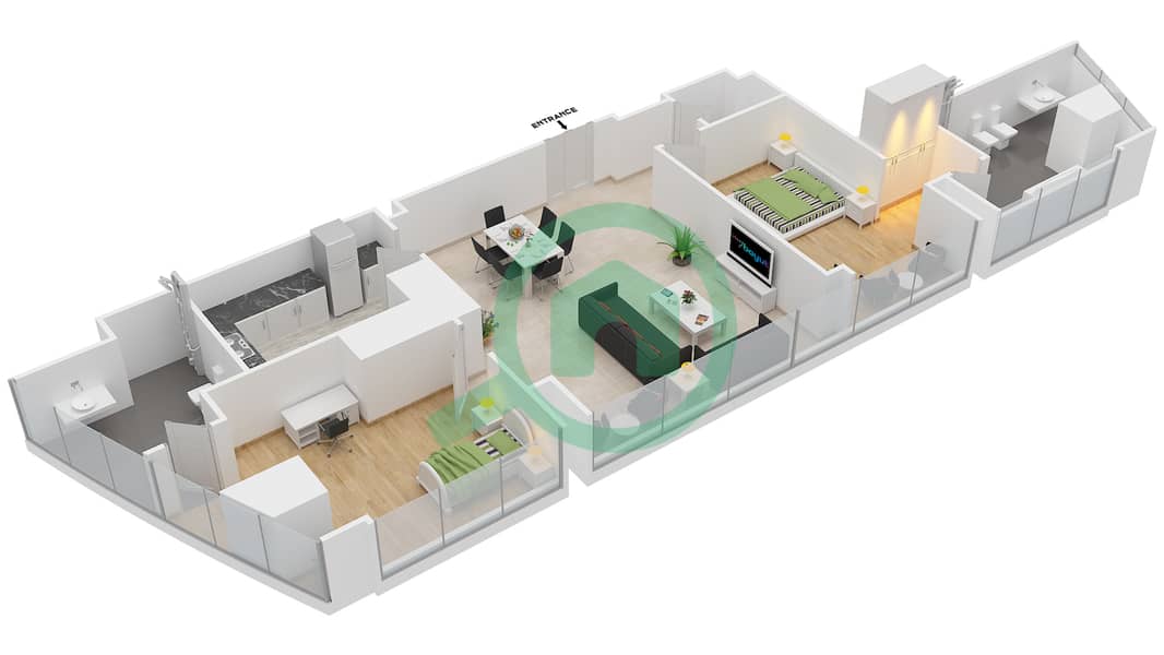 المخططات الطابقية لتصميم النموذج T2-2B شقة 2 غرفة نوم - أبراج الإتحاد interactive3D