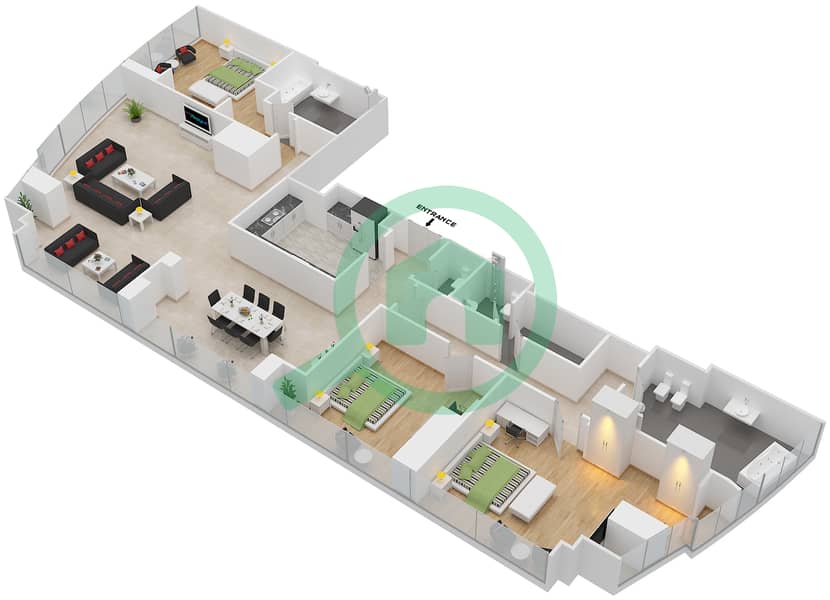 阿提哈德大厦 - 3 卧室公寓类型T5-3D戶型图 interactive3D