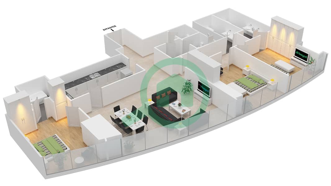 阿提哈德大厦 - 3 卧室公寓类型T2-3D戶型图 interactive3D