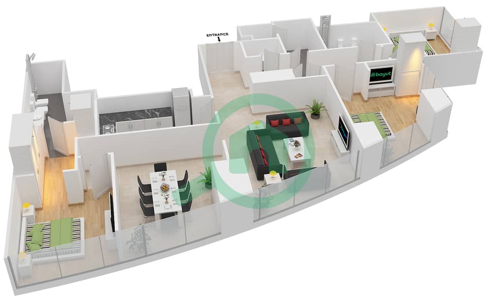 阿提哈德大厦 - 3 卧室公寓类型T2-3C戶型图 interactive3D