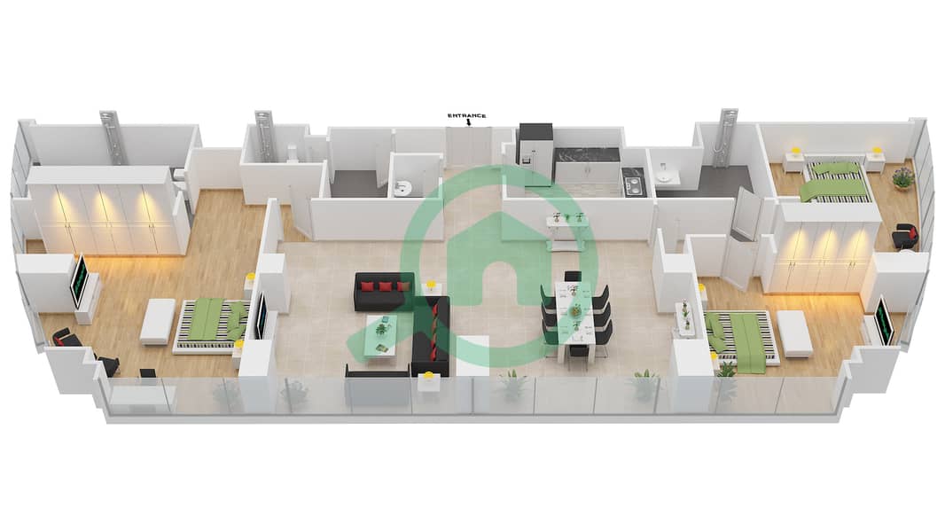 阿提哈德大厦 - 3 卧室公寓类型T5-3B戶型图 interactive3D
