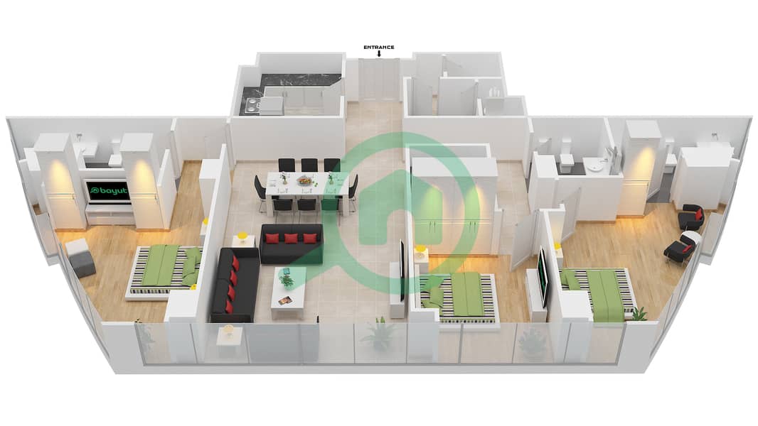 المخططات الطابقية لتصميم النموذج T2-3B شقة 3 غرف نوم - أبراج الإتحاد interactive3D