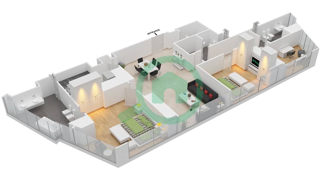 المخططات الطابقية لتصميم النموذج T2-3A شقة 2 غرفة نوم - أبراج الإتحاد interactive3D