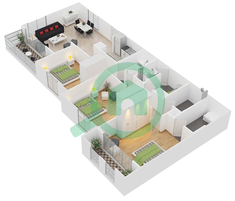 扎哈拉公寓 - 3 卧室公寓类型3B-2戶型图 Floors 202,302,402,502 interactive3D