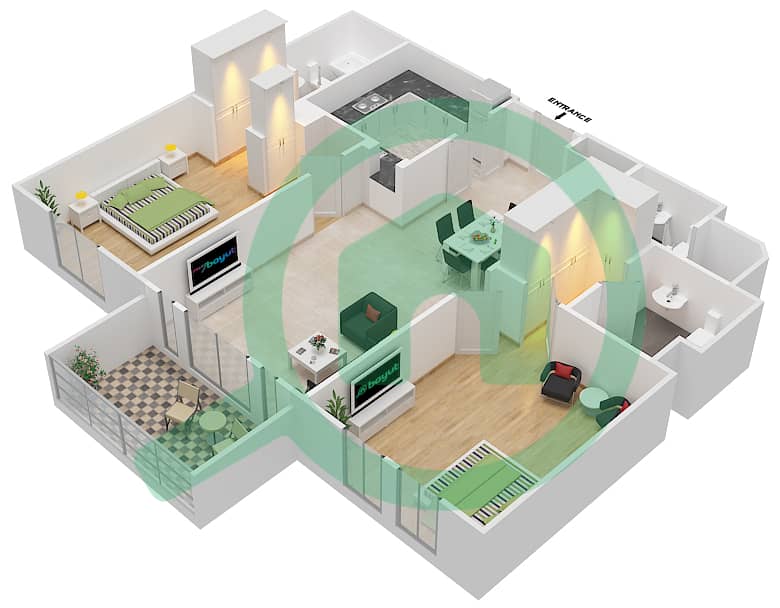 Zaafaran 3 - 2 Bedroom Apartment Unit 1 FLOOR 1-5 Floor plan Floor 1-5 interactive3D