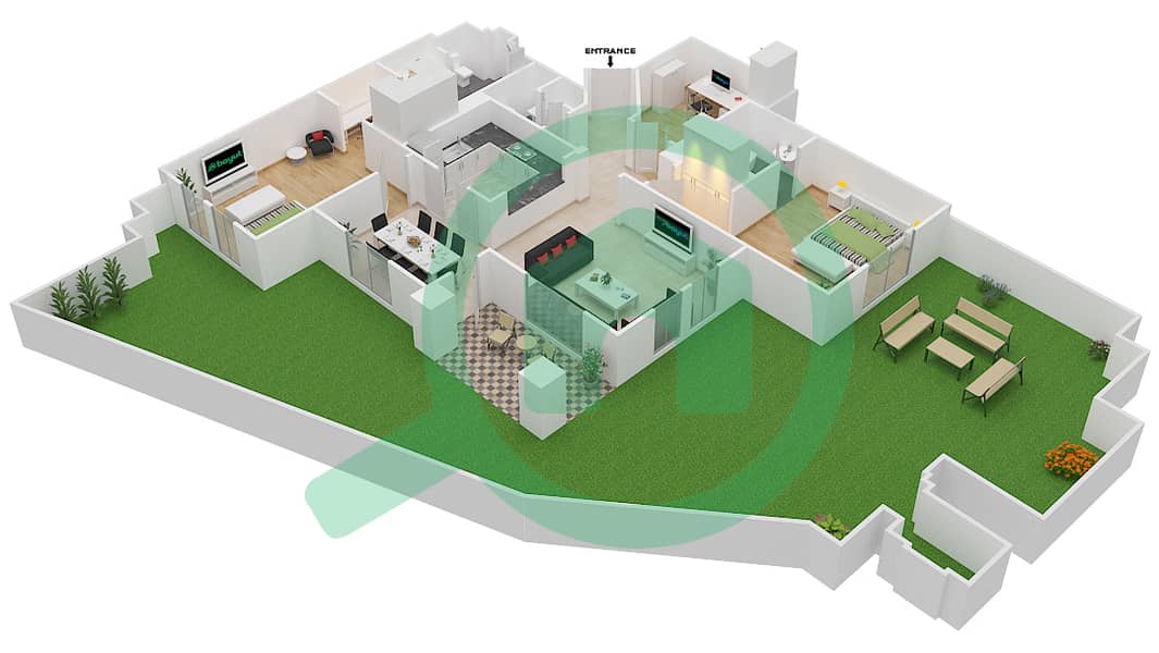 المخططات الطابقية لتصميم الوحدة 2 GROUND FLOOR شقة 2 غرفة نوم - زعفران 3 Ground Floor interactive3D