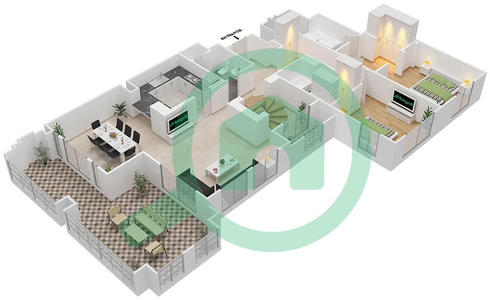 المخططات الطابقية لتصميم الوحدة 2 شقة 2 غرفة نوم - زعفران 3 Lower Floor 6 interactive3D